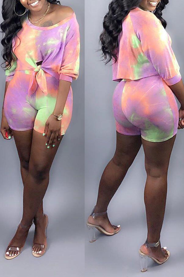

Lovely Casual One Shoulder Tie-dye Printed Purple Two-piece Shorts Set