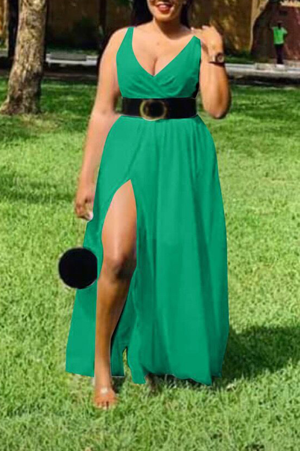 

Lovely Stylish V Neck Side Split Green Ankle Length Dress(With Belt
