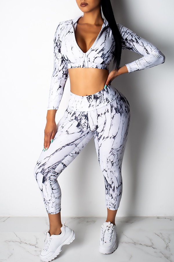 

Lovely Casual Hooded Collar Printed Hollow-out White Two-piece Pants Set