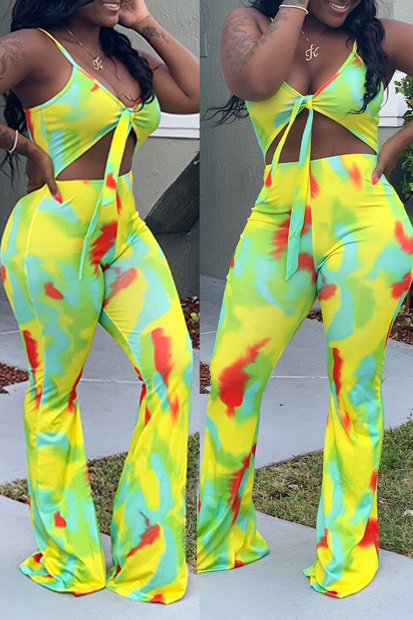 

Lovely Sexy Spaghetti Straps Printed Yellow One-piece Jumpsuit