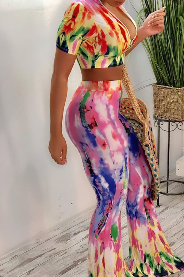Lovely Casual V Neck Tie-dye Multicolor Two-piece Pants Set