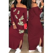 Lovely Casual Off The Shoulder Printed Wine Red An