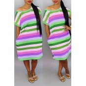 Lovely Casual O Neck Striped Purple Knee Length Dr