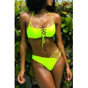 Lovely Halter Neck Hollow-out Green Two-piece Swim