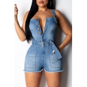 Lovely Casual Dew Shoulder Baby Blue One-piece Rom