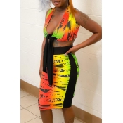 Lovely Sexy V Neck Printed Orange Two-piece Skirt 