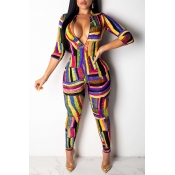 Lovely Casual Printed Zipper Design One-piece Jump