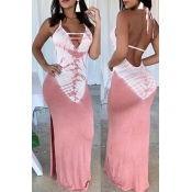 Lovely Casual Halter Neck Printed Pink Floor Lengt