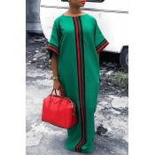 Lovely Casual O Neck Striped Patchwork Green Floor