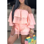 Lovely Sweet Off The Shoulder Ruffle Design Pink T