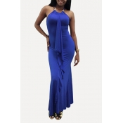 Lovely Stylish Halter Neck Ruffle Blue Ankle Lengt