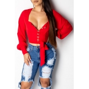 Lovely Sweet V Neck Lace-up Red Blouse