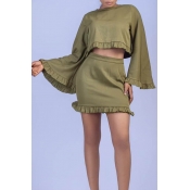 Lovely Casual O Neck Ruffle Design Army Green Two-