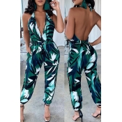 Lovely Sexy V Neck Printed Backless Green One-piec
