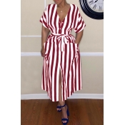 Lovely Casual Striped Asymmetrical Wine Red Mid Ca