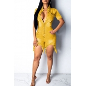 Lovely Casual Broken Holes Yellow Denim One-piece 