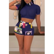 Lovely Sexy Printed See-through Dark Blue Two-piec