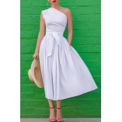 Lovely Work One Shoulder White Mid Calf A Line Dre