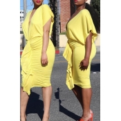 Lovely Sexy V Neck Ruffle Design Yellow Mini Dress