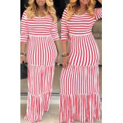 Lovely Casual O Neck Striped Red Floor Length Dres