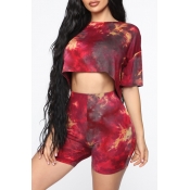 Lovely Casual O Neck Printed Red Two-piece Shorts 