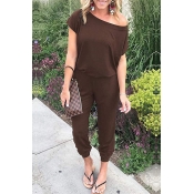 Lovely Casual Short Sleeves Coffee One-piece Jumps