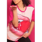 Lovely Casual O Neck Printed Rose Red T-shirt