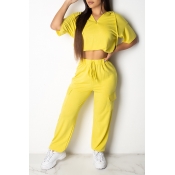 Lovely Casual Hooded Collar Yellow Two-piece Pants