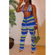 Lovely Halter Neck Hollow-out Blue Two-piece Swimw