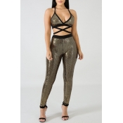 Lovely Sexy Hollow-out Gold Two-piece Pants Set