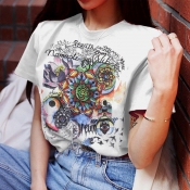 Lovely Casual O Neck Printed White T-shirt