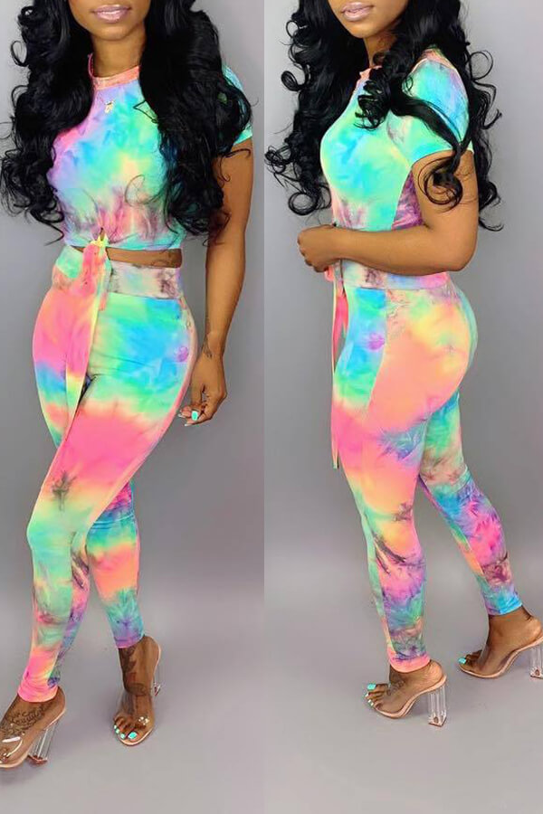 

Lovely Casual Tie-dye Printed Two-piece Pants Set, Multi