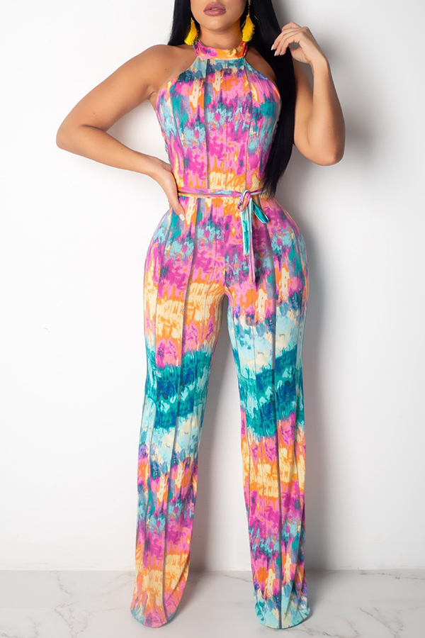 

Lovely Stylish Halter Neck Printed Lace-up Multicolor One-piece Jumpsuit, Multi