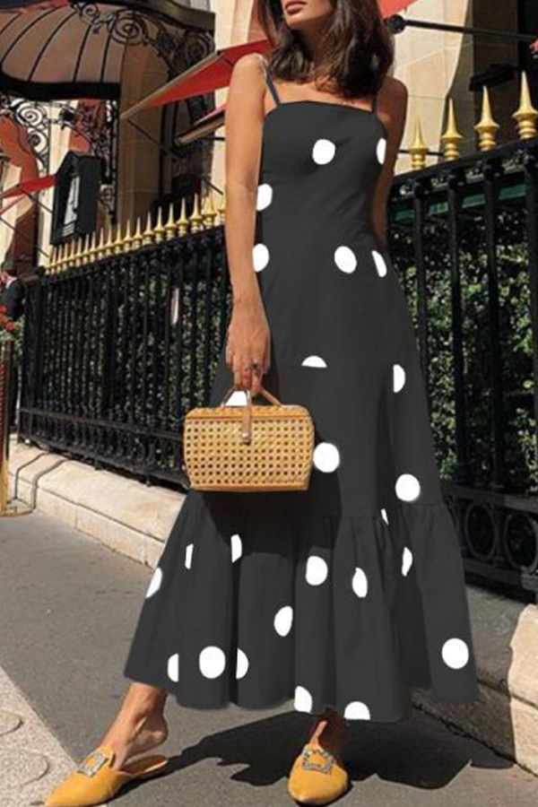 

Lovely Sweet Spaghetti Straps Dot Printed Black Ankle Length Dress