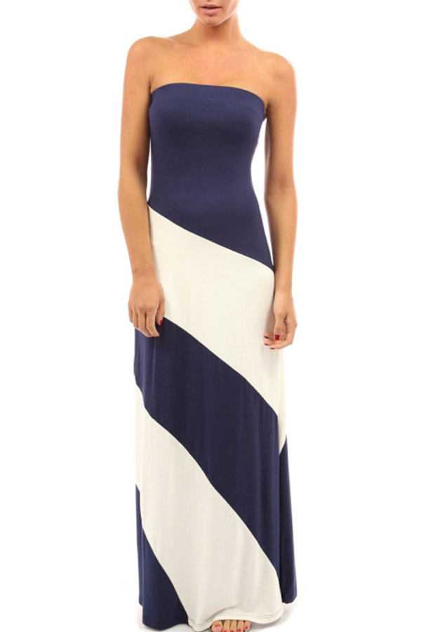 

Lovely Work Off The Shoulder Striped Patchwork Dark Blue Ankle Length A Line Prom Dress