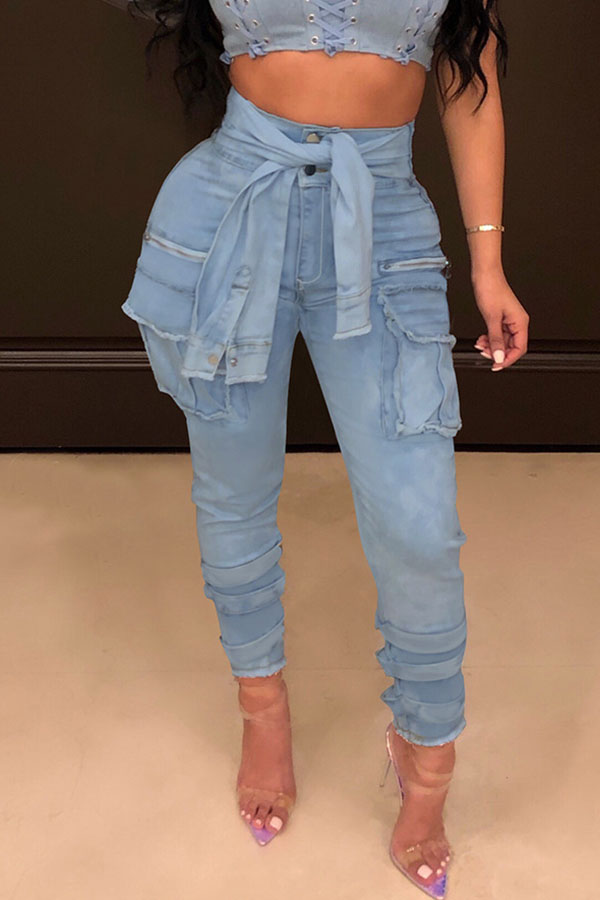 

Lovely Stylish High Waist Lace-up Blue Jeans