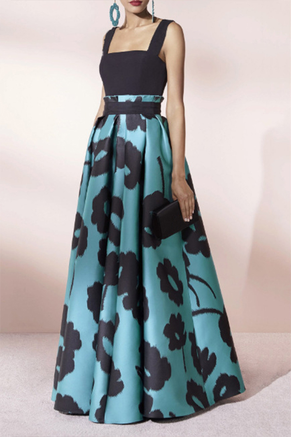 

Lovely Stylish Spaghetti Straps Printed Blue Floor Length Dress