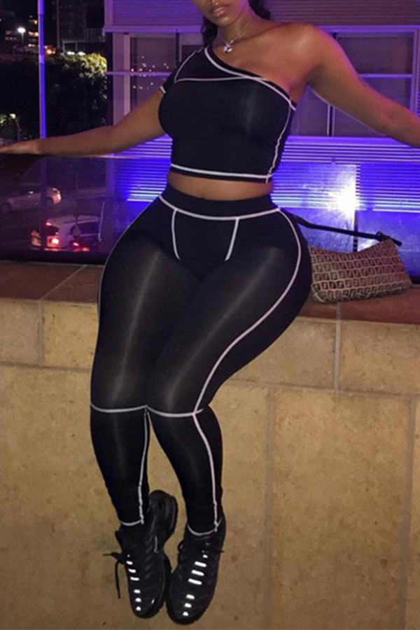 

Lovely Sexy One Shoulder See-through Black Two-piece Pants Set