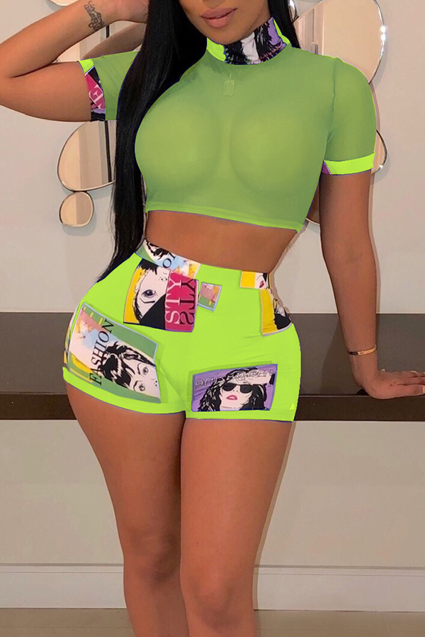 

Lovely Sexy Printed See-through Green Two-piece Shorts Set