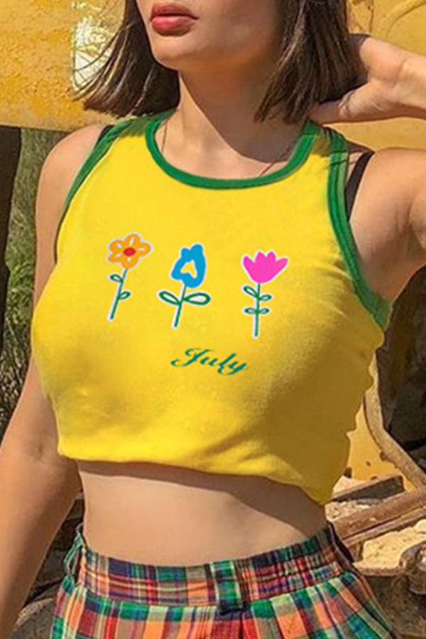 Lovely Casual Floral Printed Yellow Tank Top