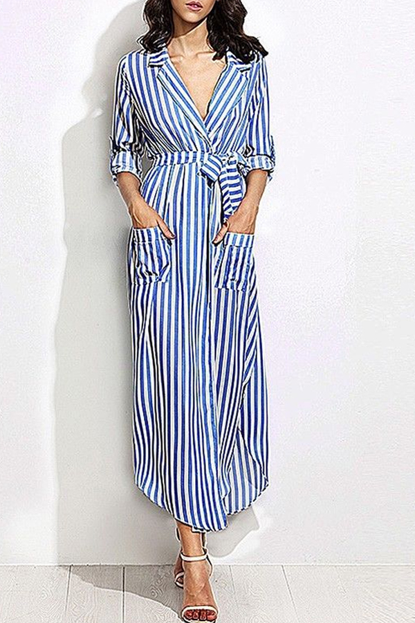 

Lovely Casual Turndown Collar Striped Blue Ankle Length OL Dress