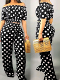 Lovely Sweet Off The Shoulder Dot Printed Black Two-piece Pants Set