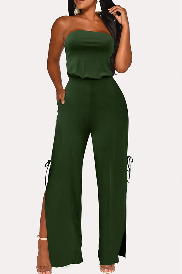 Lovely Stylish Off The Shoulder Side Split Army Green One-piece ...