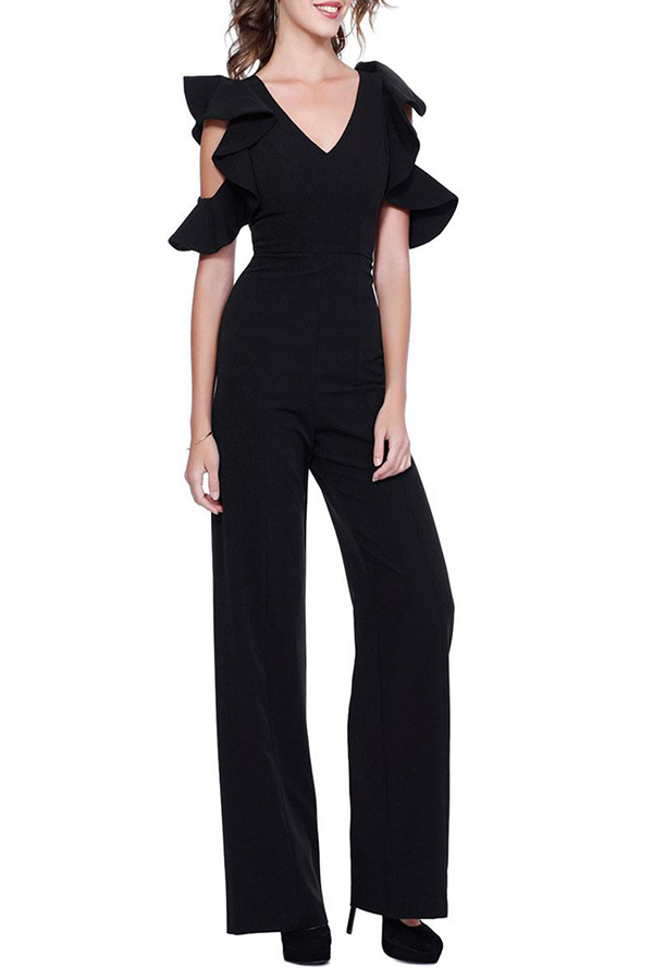 

Lovely Stylish V Neck Hollow-out Black One-piece Jumpsuit