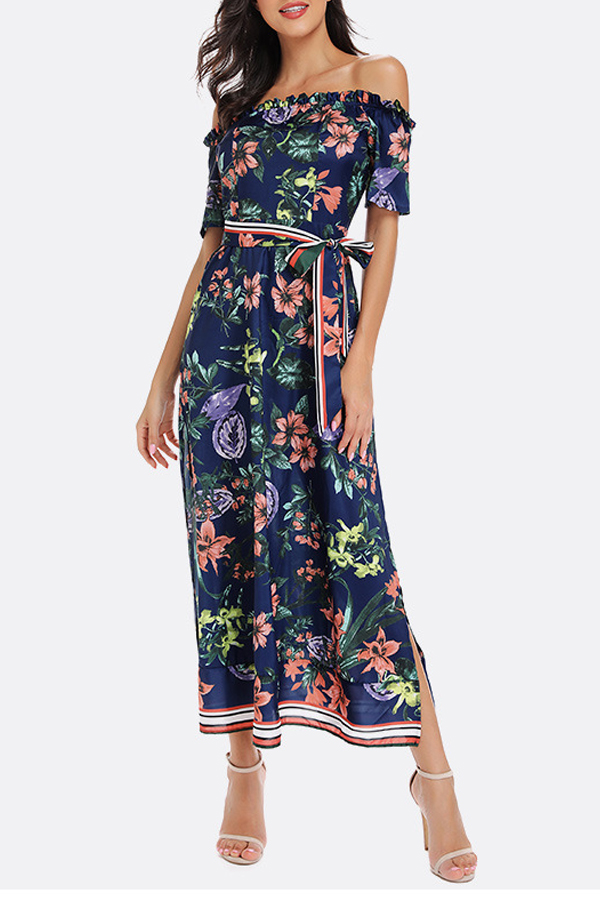 

Lovely Bohemian Off The Shoulder Floral Printed Deep Blue Mid Calf Dress