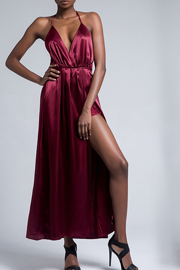 

Lovely Sexy Halter V Neck Backless Wine Red Ankle Length Prom Dress