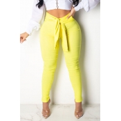 Lovely Stylish High Waist Lace-up Yellow Pants