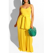 Lovely Casual U Neck Patchwork Yellow Floor Length