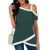 Lovely Casual One Shoulder Patchwork Deep Green Bl