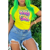 Lovely Casual Letter Printed Yellow T-shirt
